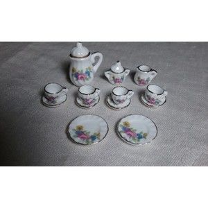 Vintage Dollhouse Miniature Set Cups Saucers Teapot Creamer 15 pieces